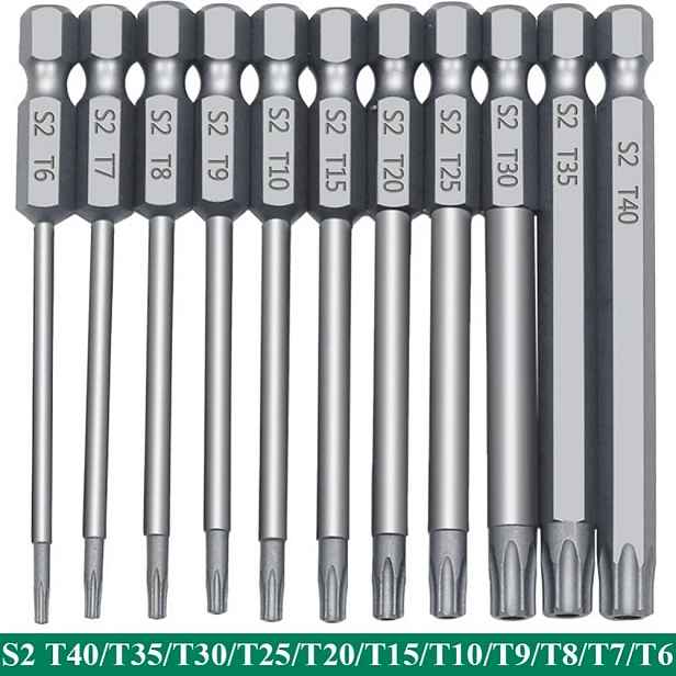 TEMU 11dílná sada precizních hvězdicových Torx bitů - Vysoce pevnostní legovaná ocel S2, délka 75 mm, velikosti -T40, multifunkční sada mechanických