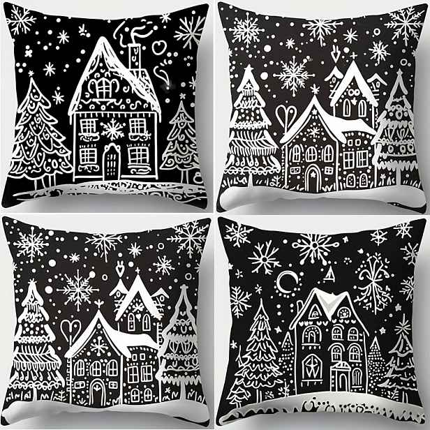 TEMU 4 ks Vánoční povlaky na polštáře - Design Sněhová a stromek, 16x16/18x18/20x20 palců, se zipem, polyester, lze prát v pračce, ideální pro domácí