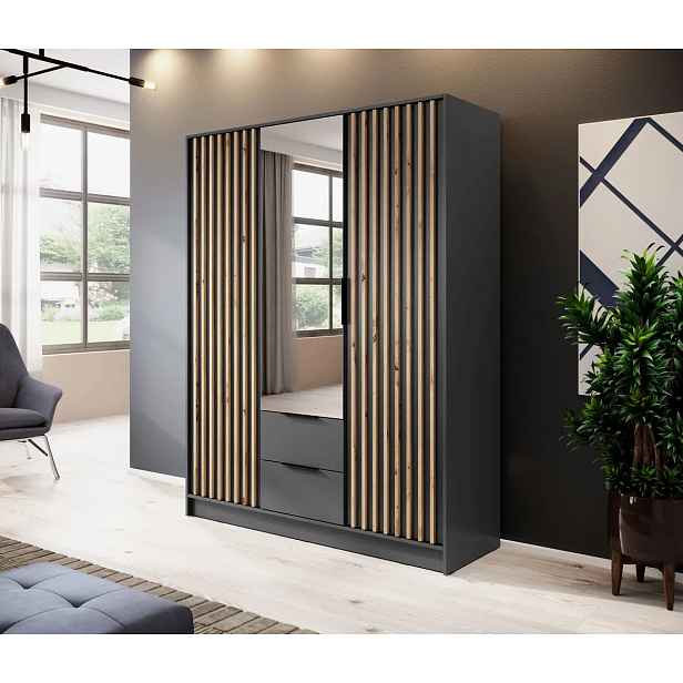 Třídveřová skříň se zrcadlem MARFA - šířka 155 cm, grafit / dub artisan
