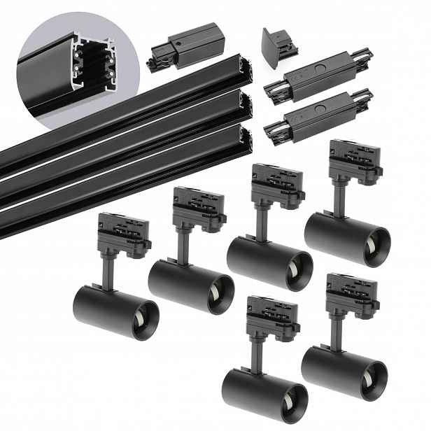 3fázový kolejnicový set 6x lampa GU10 3x kolejnice 1 m 2x spojka Černá