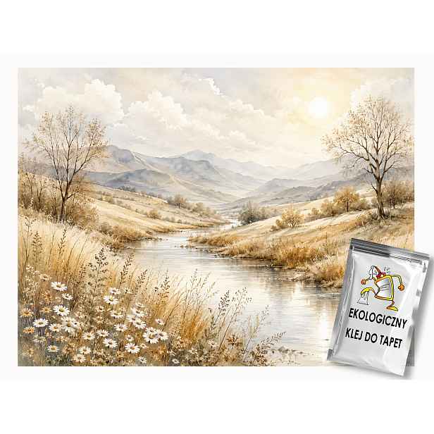 Fototapeta Flizelina Hory Řeka Potok Břeh Květy Trávy 312x219 130g