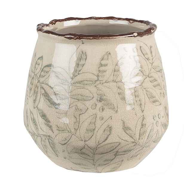 Béžový keramický obal na květináč s listy Lovely Leaves M - Ø14*13 cm Clayre & Eef