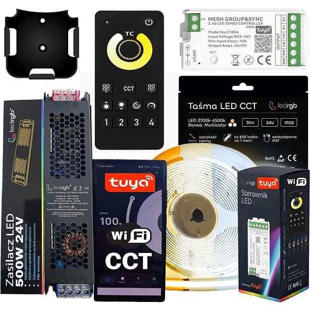 Sada Led pásků Neon Cob 24V 30 m Cct 2700K-6500K Bílá Wifi Dálkový Ovladač Napájecí Zdroj
