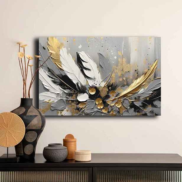 Dekorativní obraz na plátně zlatobílé peří, 45 x 70 cm