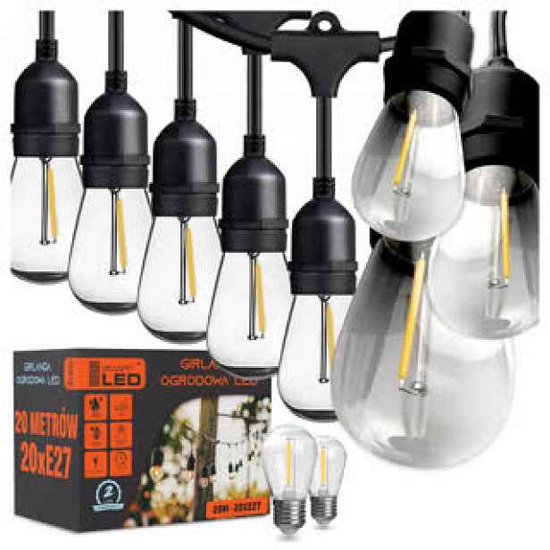 Světelný zahradní řetěz 20M s 20 Led žárovkami E27, voděodolný a odolný