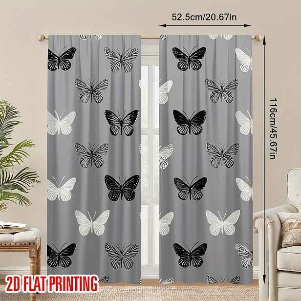 TEMU 2D ploché - 2D ploché - [2D tištěné závěsy], 2 ks, Motýlí Černobílý bezešvý styl, Polyester, pro ložnici, kancelář, kuchyň, obývací pokoj,