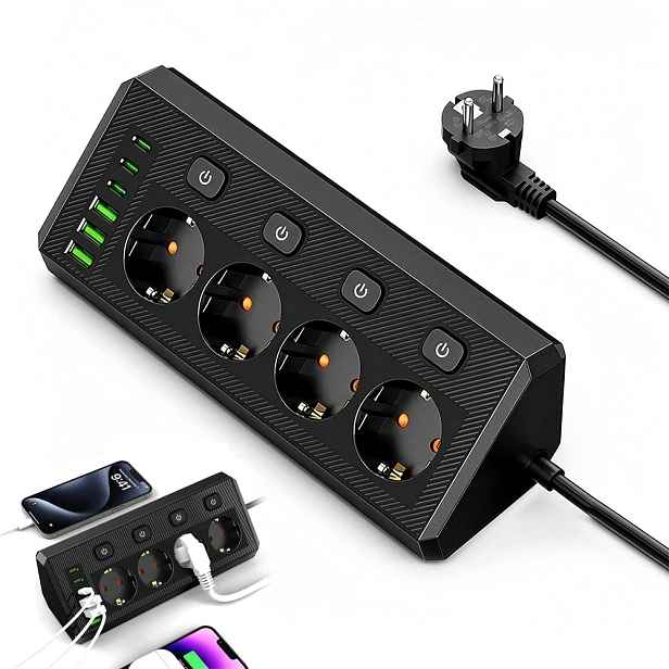 Prodlužovací Kabel Zásuvková Lišta Vypínač 4 Zásuvky 6X Usb 2M Uzemnění 45°