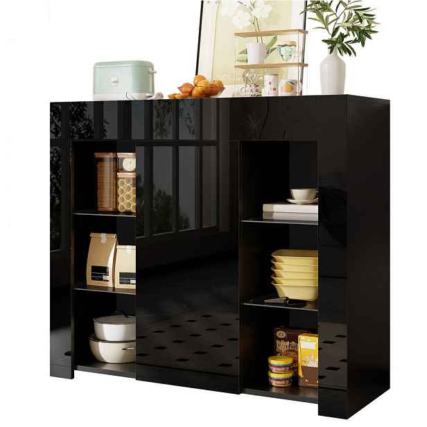 Redom SIDEBOARD 95/35/83 cm s úložným prostorem a skleněnými policemi, lesklá černá