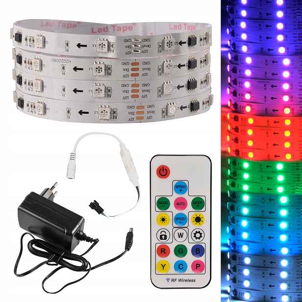 Sada Led pásků Rgb 2 m 12 V s dálkovým ovládáním a napájecím adaptérem na stůl Polux