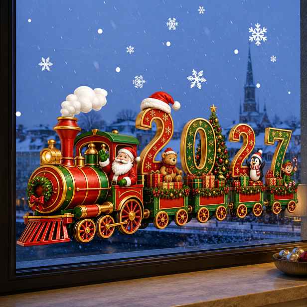 TEMU 2 ks/sada Vánoční retro samolepky na okno vlaku, klasická červeno-zelená barva - 1 ks digitální vlakový vůz 2027 s roztomilým Santa Claus,