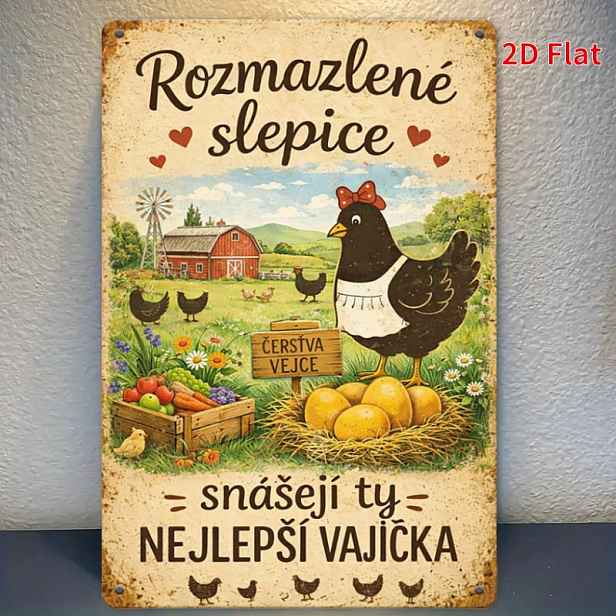 TEMU 2D plochý, [2Dflat] 1 ks 30x20 cm - Retro kovová cedule ve stylu českého venkovského statku Rozmazlen Slepice, kuřecí nástěnná dekorace, retro