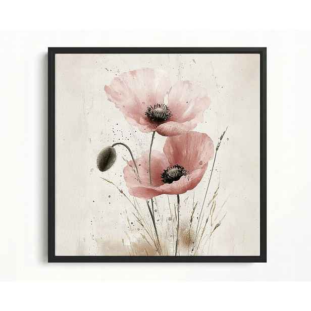 Obraz Rám Americká Krabička Akvarel Zahrada Květiny Růžový Mák Scandi Boho 60x60
