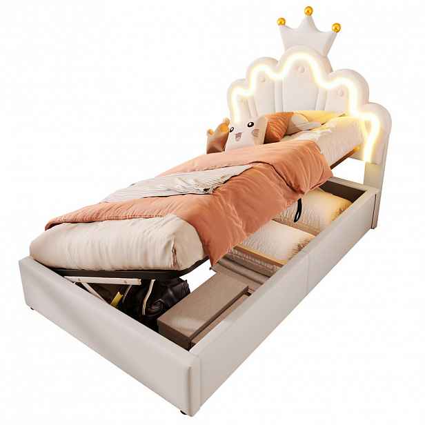 Modfu ČALOUNĚNÁ postel z PU a MDF 90x200 cm bílá s LED osvětlením, hydraulickým úložným prostorem a nastavitelným čelem