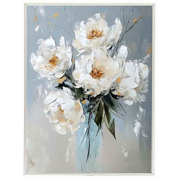Plakát Rámeček Hliníkový Olej Impasto Květiny Bílé Pivoňky Kytice 60x80