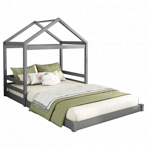 Modfu DĚTSKÁ postel v domku z borového dřeva a MDF 140x200 cm šedá s roštem bez matrace, minimalistický styl