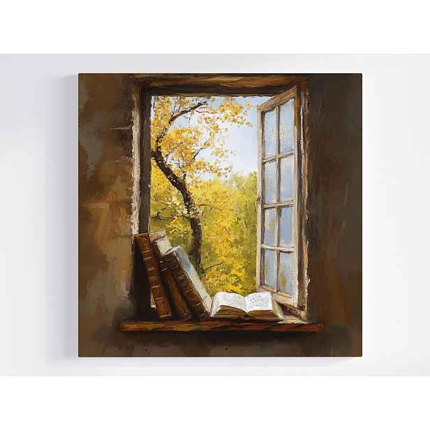 Obraz Na Plátně Canvas Okno Knihy Podzim Pohled Na Strom Nostalgie 50x50