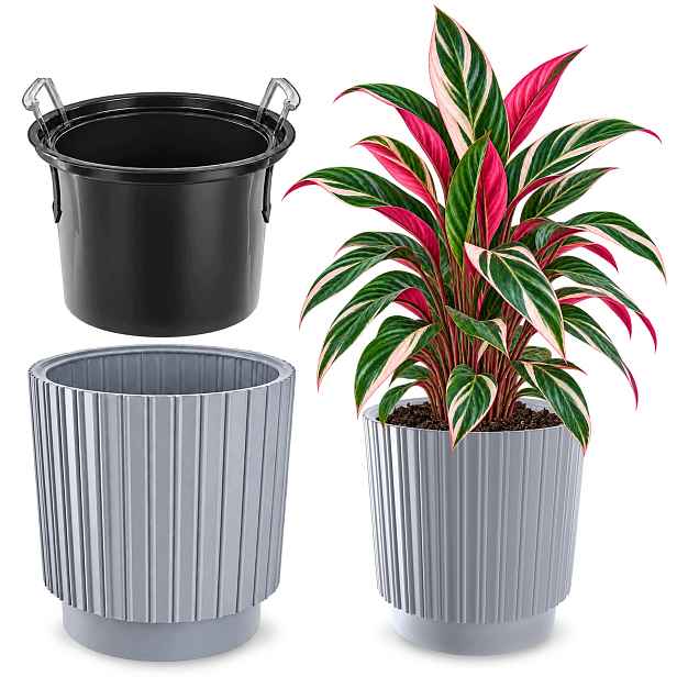 Květináč Květináč 40cm Obal Na Květináč S Vkladem Plastový Záhon Šedý