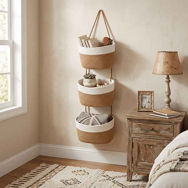 TEMU 3patrový boho závěsný koš v neutrálních tónech - tkaný lanový nástěnný organizér s prostorově úspornou vertikální úložnou policí, boho styl
