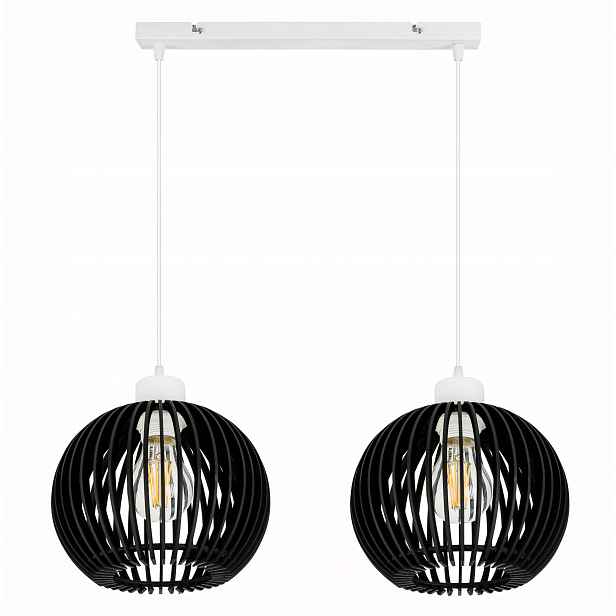 závěsné stropní svítidlo Bílý závěs Loft na 2x E27 Dřevo Černá koule