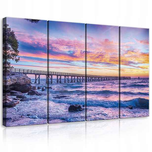 Obraz 120x80 Západ slunce moře pláž vlny obloha mraky růžová fialová