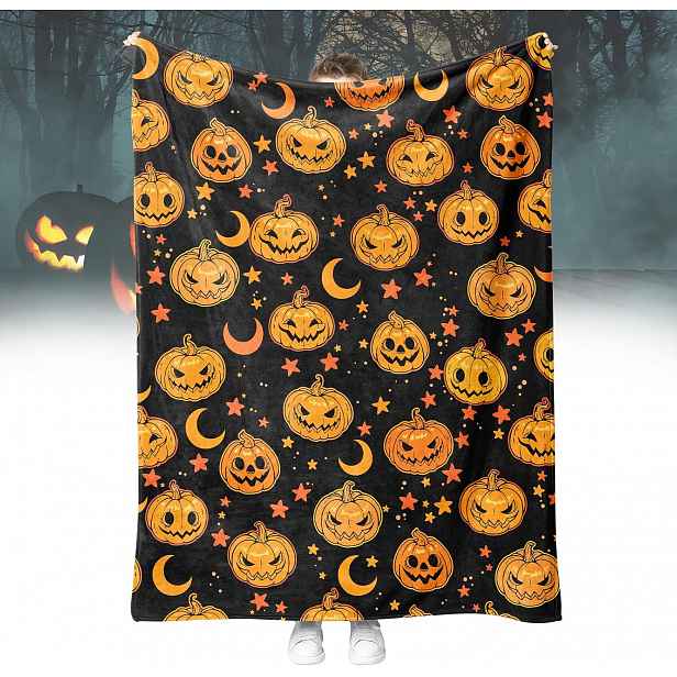 Halloweenská deka, flanelová deka na mazlení, motiv dýně (150 x 200 cm)