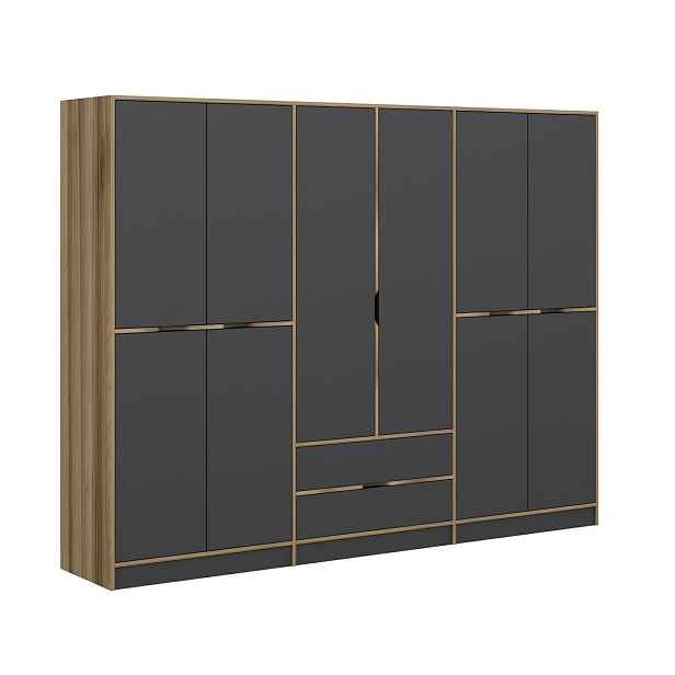 Kalune Design Šatní skříň Elina 270 cm grafit/ořech