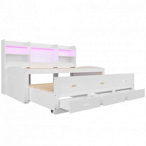 Modfu ROZKLÁDACÍ postel z dřevotřísky a MDF 90x200 cm bílá s LED osvětlením, 3 zásuvkami, USB a USB-C