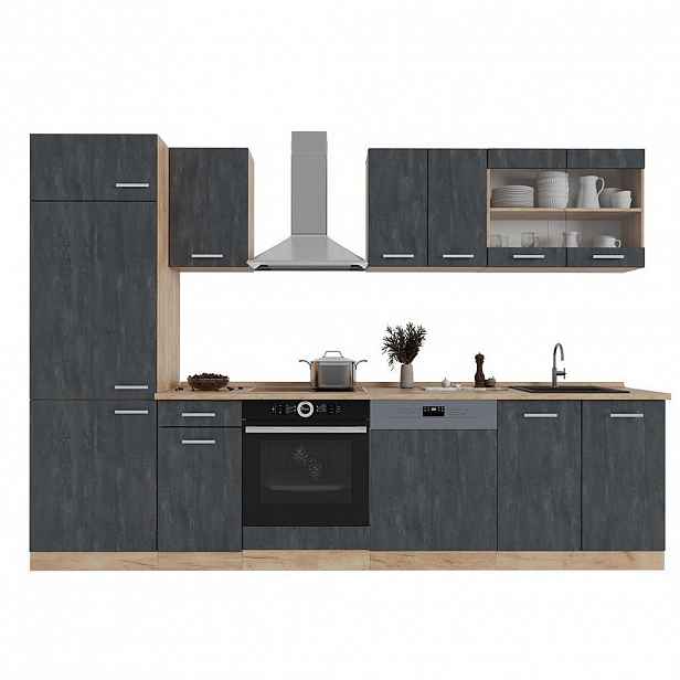 Vicco KUCHYŇSKÝ KOUT R-Line Černý beton/zlatý dub 300 cm bez pracovní desky
