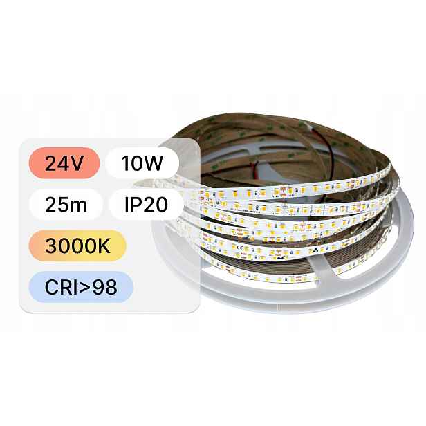 Led páska 2835 24V 10W/m 120LED/m IP20 3000K CRI98 Bridgelux – 25 m role