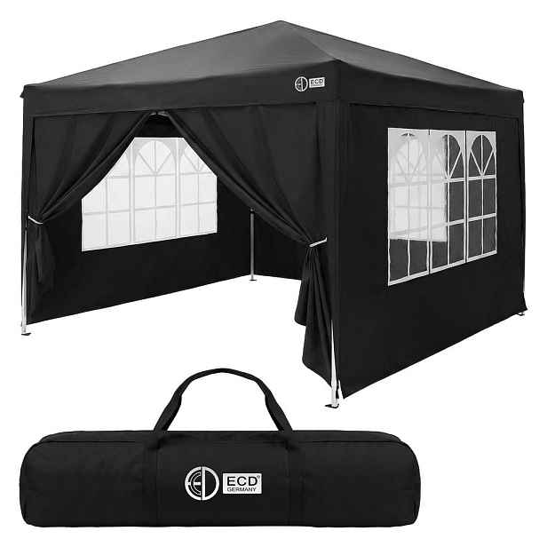 ECD-Germany POP UP PAVILON 3x3 m, černý, skládací pavilon, vodoodpudivý, stabilní, se 4 bočními stěnami