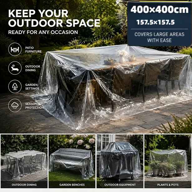 TEMU 4M X 4M (400 X 400Cm) Jednorázová Průhledná Plastová Fólie - Ultratenká Venkovní Krycí Fólie na Terasa, Vhodná pro Stoly, Židle, Grily, Rostliny