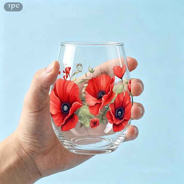 TEMU 1ks Vintage Červený Mák Vlčí ( Rhoeas) Dlouhý Krajkový 350ml Vejčitá Sklenice, Pohár na Pití, Pohár na Džus, Beznožní Vinný Pohár, Odolný proti