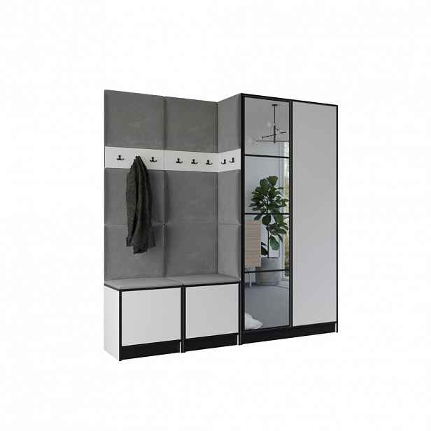 Kier Furniture ŠATNÍ SKŘÍŇ do předsíně EDEN 21 se zrcadlem - Bílá & šedá látka