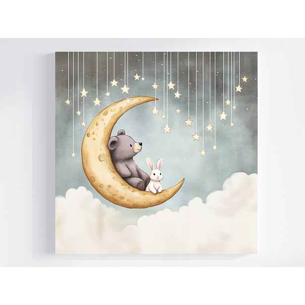 Obraz Na Plátně Canvas Noc Obloha Obláčky Měsíc Hvězdy Medvídek Králík 50x50