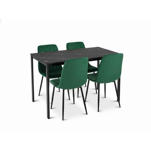 Jídelní set 1 + 4, černý stůl RAMOD 100x60 cm mramorový dekor + zelená židle TURIN s černými nohami
