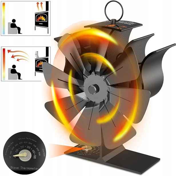 Teplovzdušný Krbový Ventilátor 8-LOPATKOVÝ, Termoelektrický, Černý