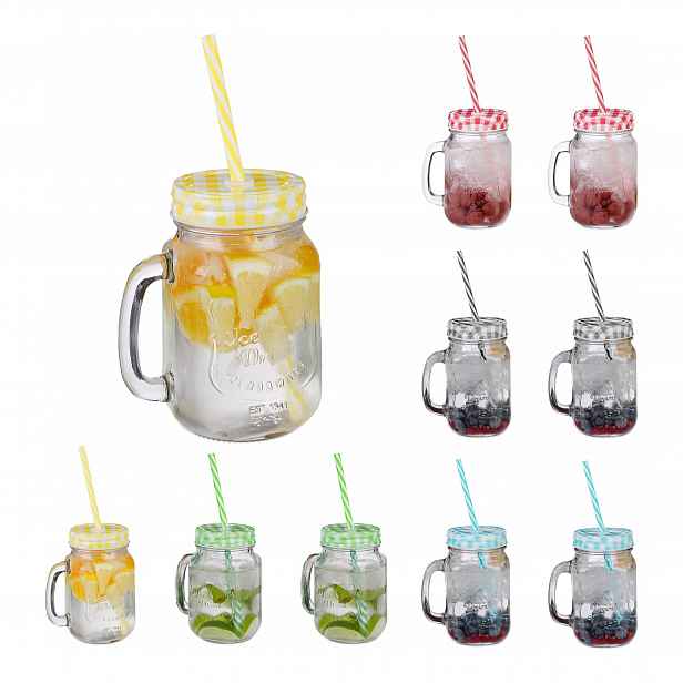 Relaxdays sklo Sklenice s držadlem a víčkem a brčkem 500 ml Sada 10 ks