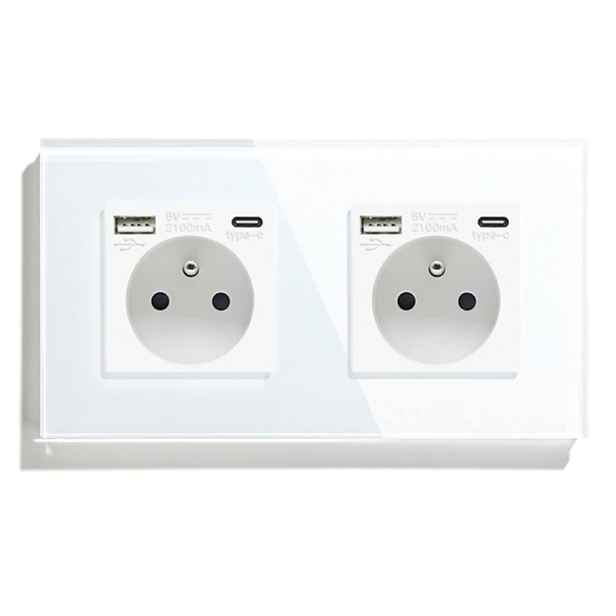 Skleněná Zásuvka Dvojitá Usb A+c Quick Charge 20W Qc 3.1A Kontakt 16A