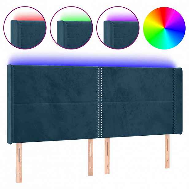 vidaXL Čelo postele s LED tmavě modré 203 x 16 x 118/128 cm samet
