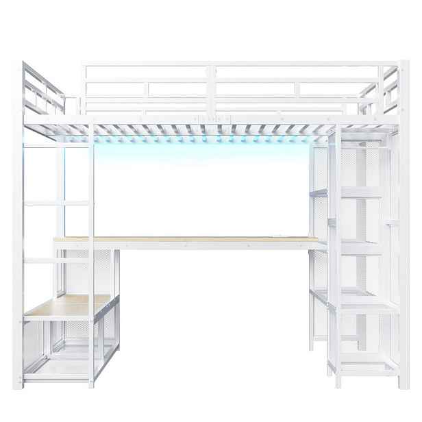 Modenvie VYSOKÁ postel 140/200 cm z kovu a MDF v bílé barvě, s psacím stolem, LED a USB