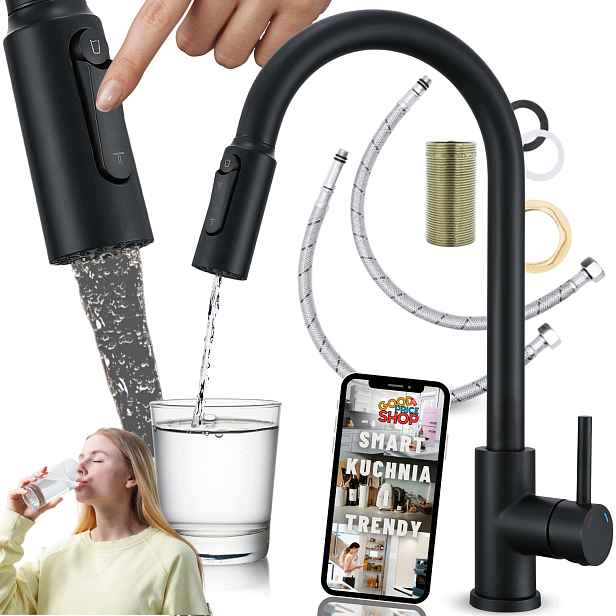Kuchyňská třícestná baterie S vytahovací sprškou Černá pro Elastický filtr