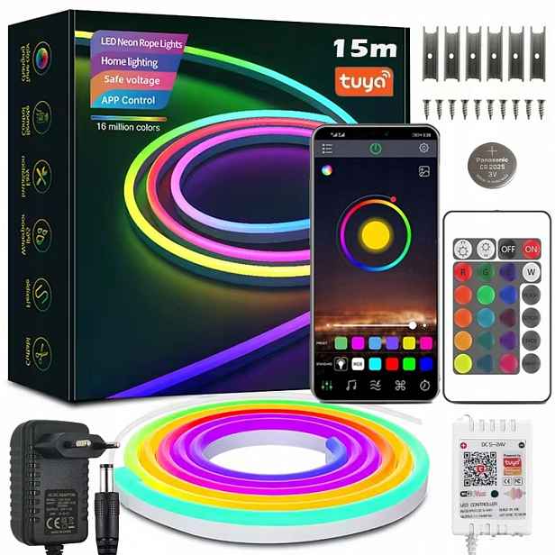 Led Pásek Neon 15M Rgb (1x15) Aplikace Wifi Tuya Dálkový Ovladač IP67 24V Voděodolný
