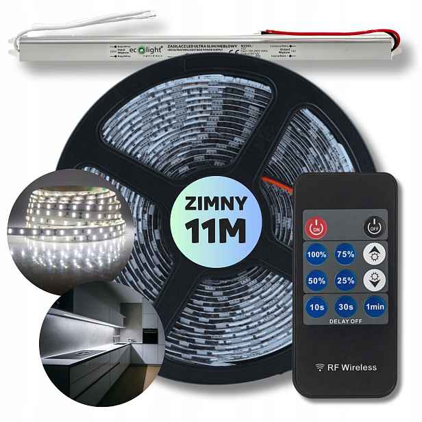 Set 11 m Led pásek Smd bílý, studený napájecí zdroj dálkový ovladač 12 V
