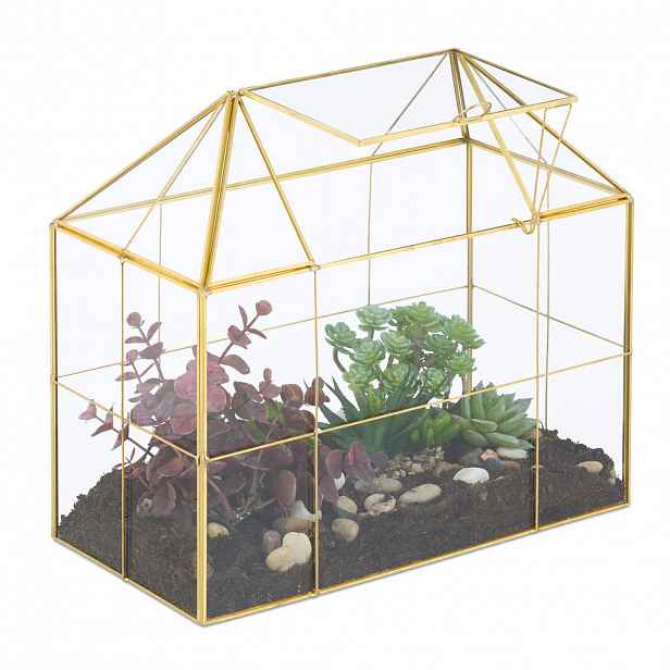 Relaxdays TERÁRIUM zlaté sklo tvar domu 27 cm