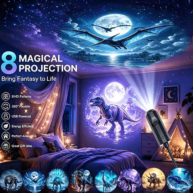 TEMU Prehistorická projekční lampa s dinosaury, LED rotační náladové noční světlo, USB konektorem, projektor s dinosaurů, , Mosasaurus, Pterosaurus,