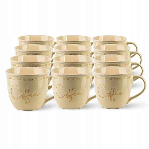 Hrnky s nápisem Coffee Velké 500 ml Sada 12 ks Béžové se zlatem Hendia