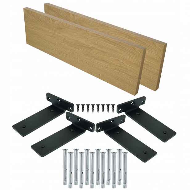 2x nástěnné police 50 x 20 cm dekor dub 01, závěsná police držák