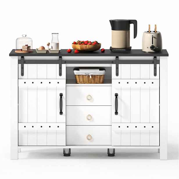 Modfu PŘÍBORNÍK z MDF 120x80x40 cm bílý s posuvnými dveřmi a 3 zásuvkami, ve venkovském stylu