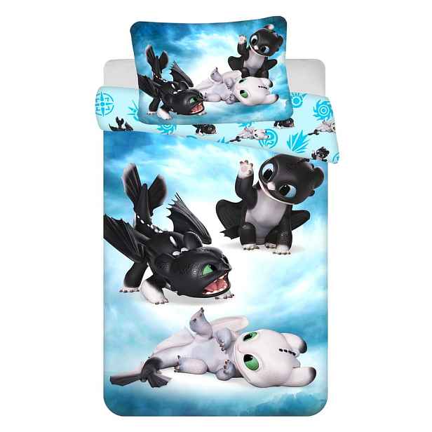 Modré bavlněné dětské povlečení do postýlky 100x135 cm How to Train Your Dragon "Babies" – Jerry Fabrics