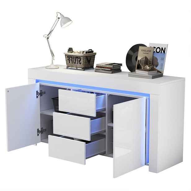 Redom SIDEBOARD 140/40/65 cm s LED osvětlením, vysoký lesk, 2 dvířky a 3 zásuvkami, Bílá